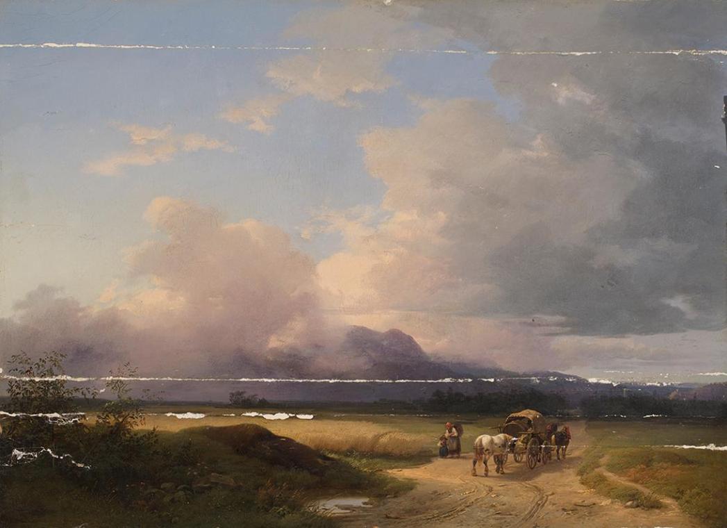 Ignaz Raffalt, Voralpenlandschaft mit Fuhrwerk auf der Straße, 1847 (?), Öl auf Holz, 48 x 65,5…