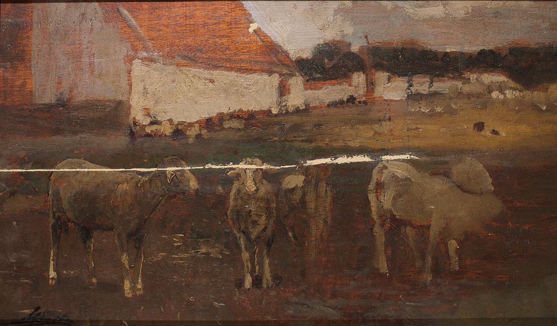 Emil Jakob Schindler, Dorflandschaft mit Schafen, um 1875, Öl auf Holz, 22,5 x 37 cm, Belvedere…
