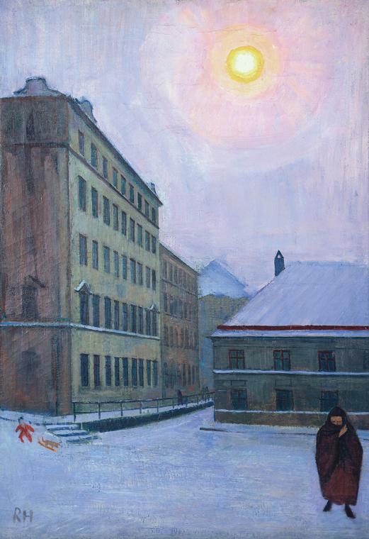 Rudolf Hausner, Rögergasse im Winter, undatiert, Öl auf Leinwand, 110 x 75 cm, Leihgabe der Art…