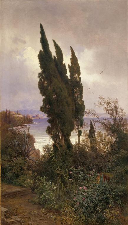 Hans Ludwig Fischer, Garten vor dem königlichen Schloss auf Korfu, 1888, Öl auf Leinwand, 135 x…