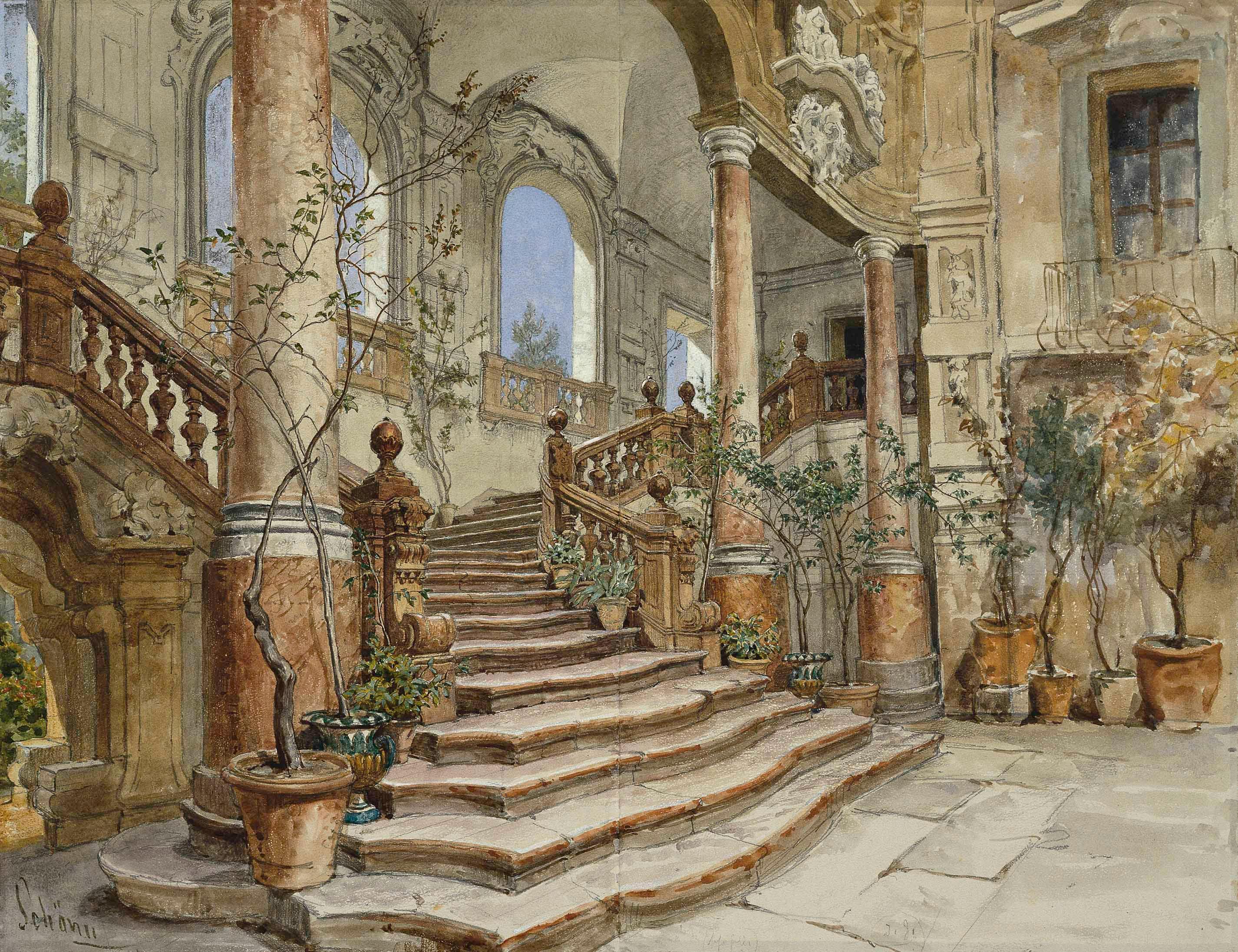 Friedrich Alois Schönn, Marmortreppe im Palazzo Bonagia in Palermo, Aquarell auf Papier auf Kar…