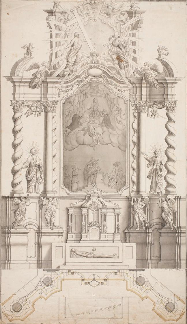 Simon Hueter, Entwurf für einen barocken Hochaltar, undatiert, Feder, laviert, auf Papier, 65 x…