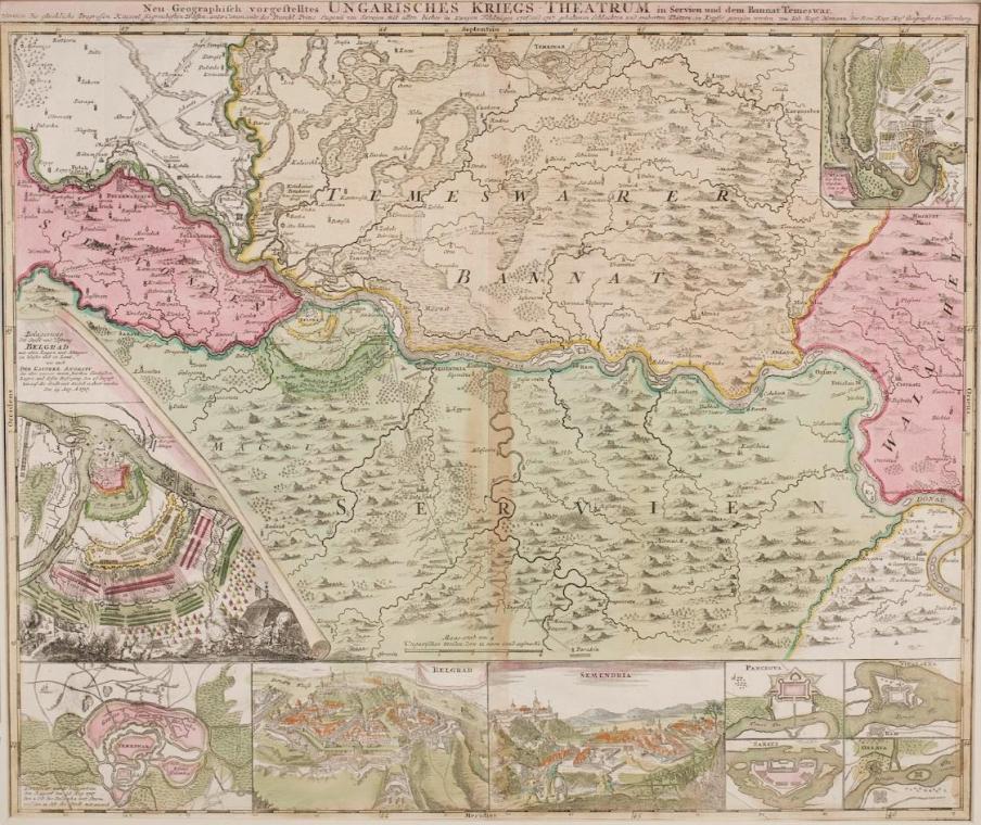 Johann Baptist Homann, Ungarisches Kriegs-Theatrum, Kupferstich auf Papier, koloriert, 49,5 x 5…