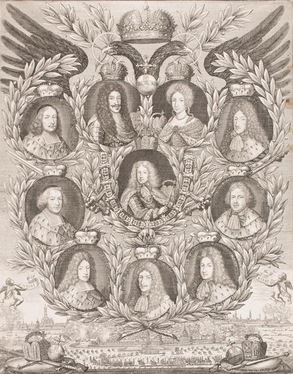 Unbekannter Stecher, Joseph I. mit Eltern und Kurfürsten, Kupferstich auf Papier, 43 x 34 cm, B…