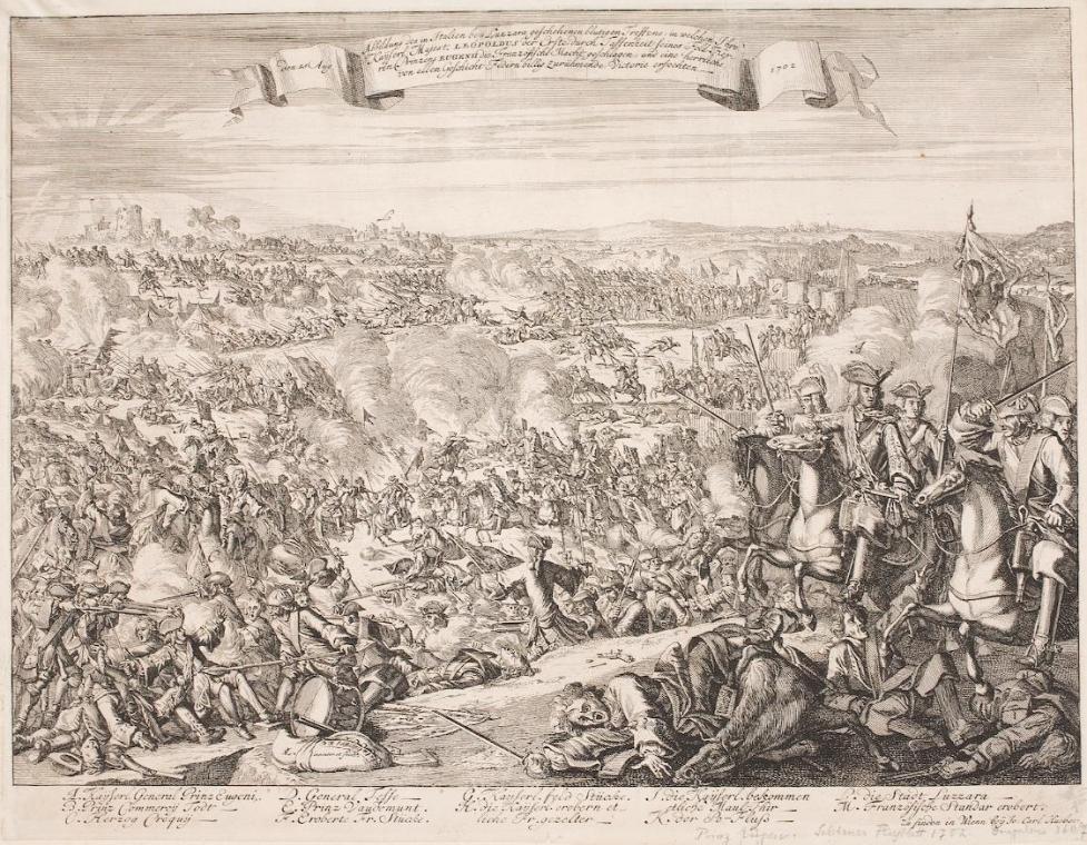 Unbekannter Stecher, Flugblatt auf die Schlacht bei Luzzara im Jahr 1702, Kupferstich, Blattmaß…