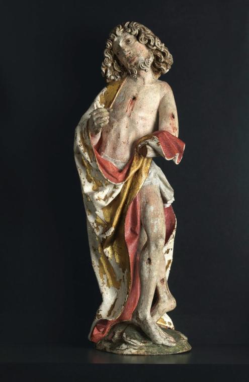 Tiroler Bildschnitzer (?), Hl. Sebastian, um 1490, Zirbenholz, Spuren alter Grundierung, Reste …