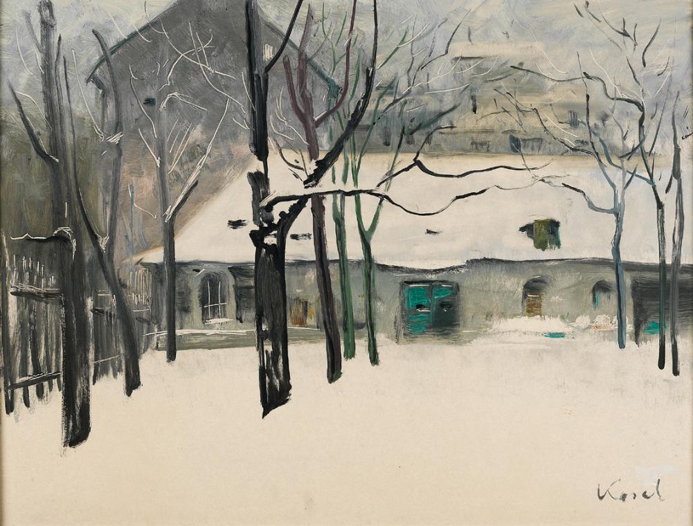 Hermann Kosel, Schönburggarten im Schnee, 1959, Öl auf Hartfaserplatte, 47 x 62,3 cm, Artothek …