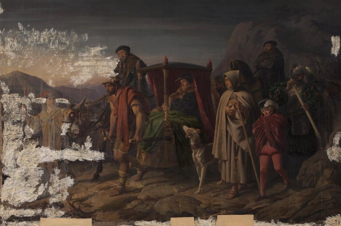 Karl Swoboda, Kaiser Karl V. auf der Flucht vor Moritz von Sachsen, 1859, Öl auf Leinwand, 158  ...