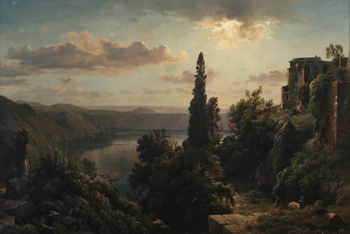 Heinrich Louis Theodor Gurlitt, Ansicht des Nemisees im Albanergebirge bei Rom, um 1850, Öl auf…