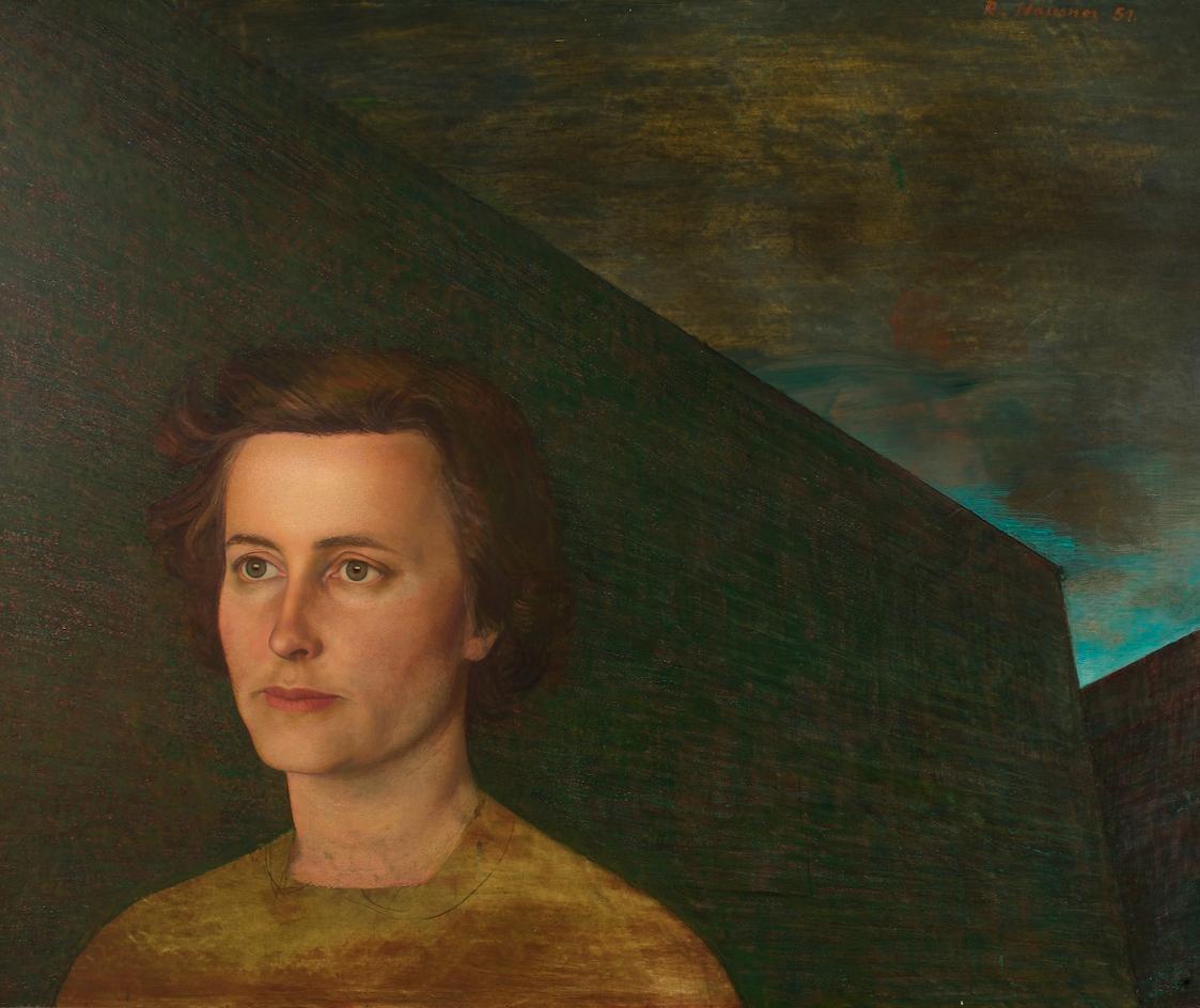 Rudolf Hausner, Ruth von Mayenburg (Die Unvollendete), 1951, Tempera auf Hartfaserplatte, 59,5 …