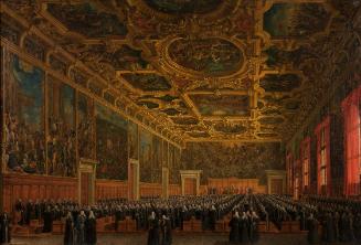 Giuseppe Borsato, Der Doge Morosini erhält den Kommandostab, 1838, Öl auf Leinwand, 48 x 70,5 c…