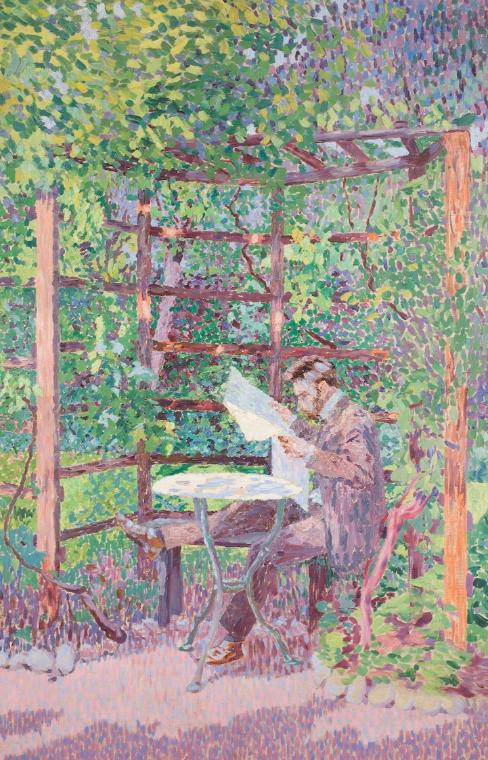 Rudolf Junk, Lesender Mann in einer Laube, 1905, Öl auf Leinwand, 120 x 80,5, Belvedere, Wien, …
