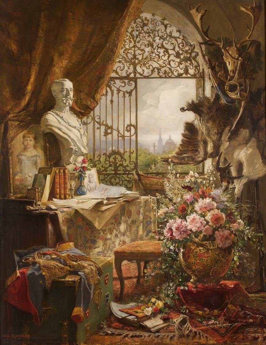 Hugo Charlemont, Stillleben mit Büste des Kronprinzen Rudolf, 1890, Öl auf Holz, 51 x 38 cm, Be…