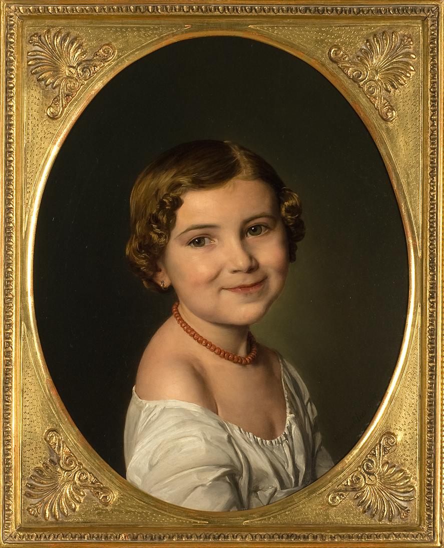 Ferdinand Georg Waldmüller, Mädchen mit Korallenkette, 1854, Öl auf Leinwand, Hochoval: 44,5 × …