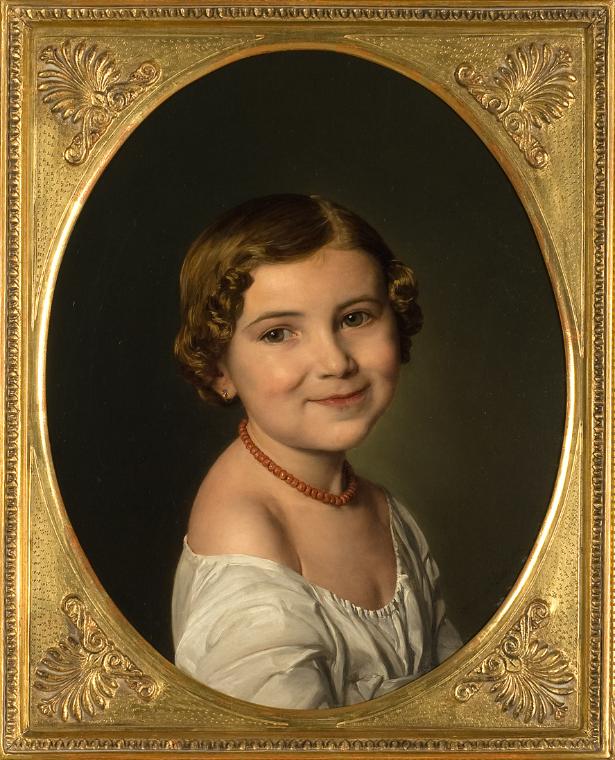 Ferdinand Georg Waldmüller, Mädchen mit Korallenkette, 1854, Öl auf Leinwand, Hochoval: 44,5 × …