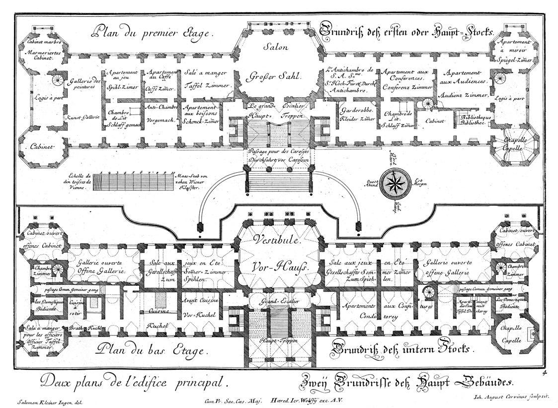 Salomon Kleiner, Zweij Grundrisse deß Haupt Gebäudes, 1731, Radierung, Plattenmaße: 28,6 x 39,2…