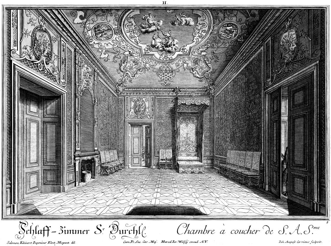 Salomon Kleiner, Schlaff-Zimmer Sr. Durchl., 1733, Radierung, Plattenmaße: 28,6 x 38,5 cm, Belv…