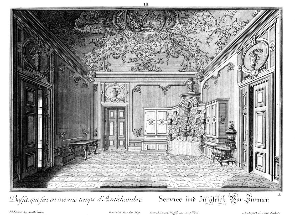Salomon Kleiner, Service und zu gleich Vor-Zimmer, 1734, Radierung, Plattenmaße: 28,5 x 39,6 cm…
