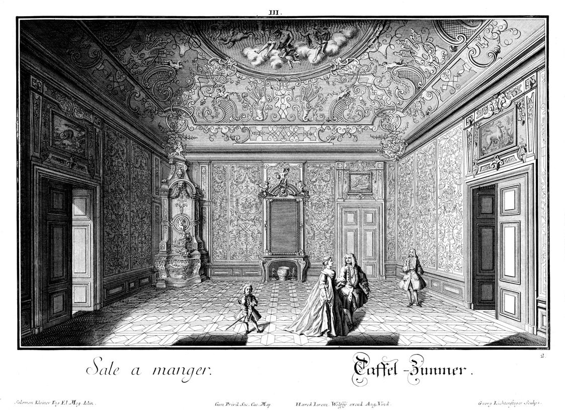 Salomon Kleiner, Taffel-Zimmer, 1734, Radierung, Plattenmaße: 28,7 x 39,7 cm, Belvedere, Wien, …