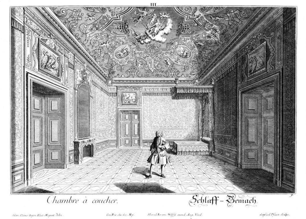 Salomon Kleiner, Schlaff-Gemach, 1734, Radierung, Plattenmaße: 28 x 39,2 cm, Belvedere, Wien, I…