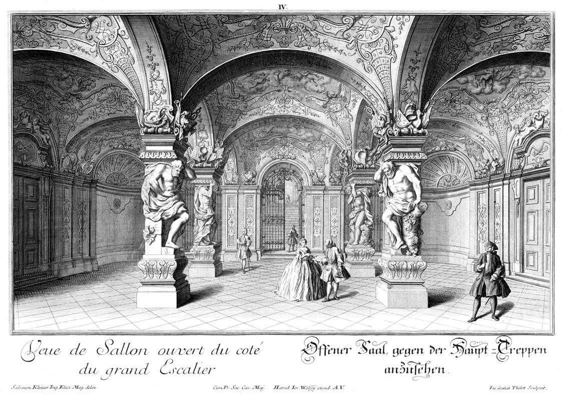 Salomon Kleiner, Offener Saal, gegen der Haupt-Treppen anzusehen, 1735, Radierung, Plattenmaße:…