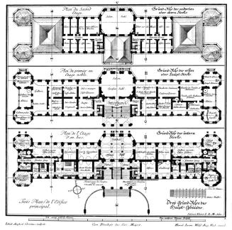 Salomon Kleiner, Drey Grund-Risse des Haupt-Gebäudes, 1736, Radierung, Plattenmaße: 40,4 x 40,1…