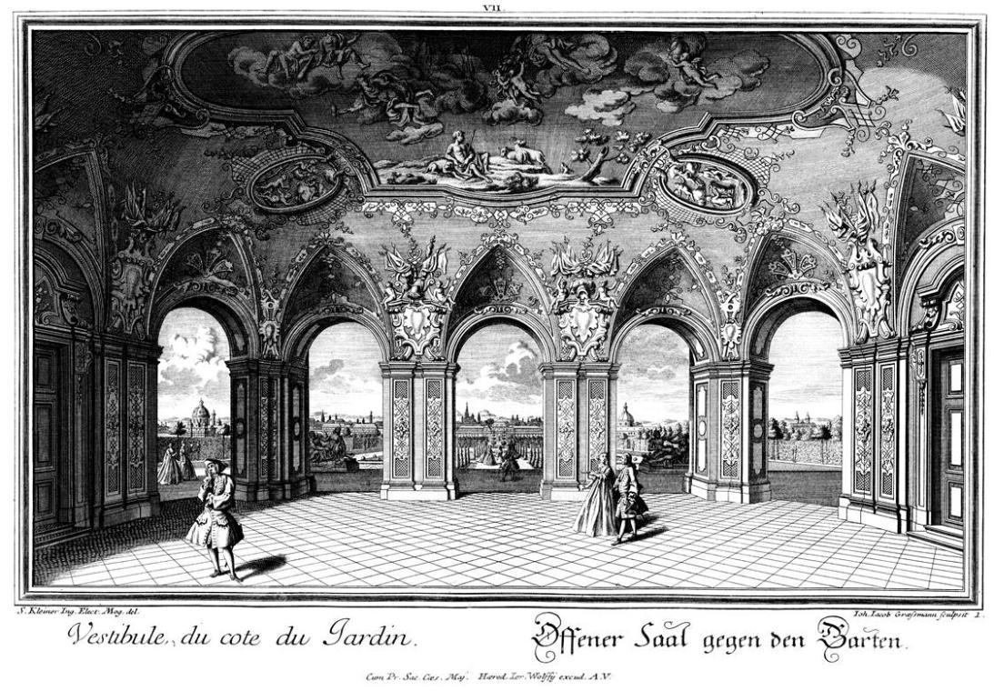 Salomon Kleiner, Offener Saal gegen den Garten, 1737, Radierung, Plattenmaße: 27,6 x 39,5 cm, B…