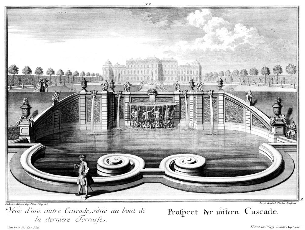 Salomon Kleiner, Prospect der untern Cascade, 1737, Radierung, Plattenmaße: 29,2 x 38,5 cm, Bel ...