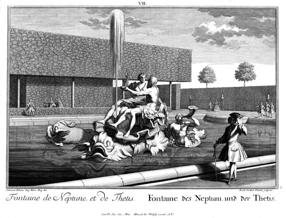 Salomon Kleiner, Fontaine des Neptuni, und der Thetis, 1737, Radierung, Plattenmaße: 29,2 x 38,…