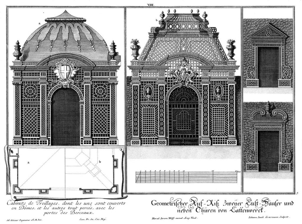 Salomon Kleiner, Geometrischer Auf-Riß zweyer Lust-Häuser und neben Thüren von Lattenwerck, 173 ...