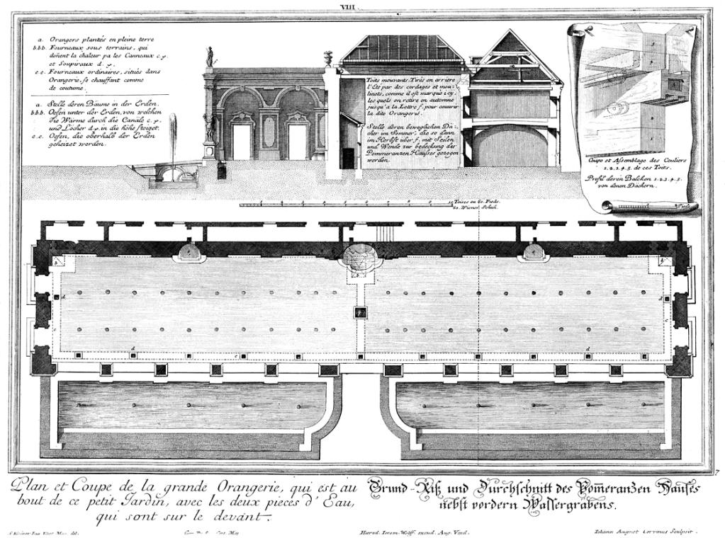 Salomon Kleiner, Grund-Riß und Durchschnitt des Pommeranzen Hauses nebst vordern Wassergräbens, ...