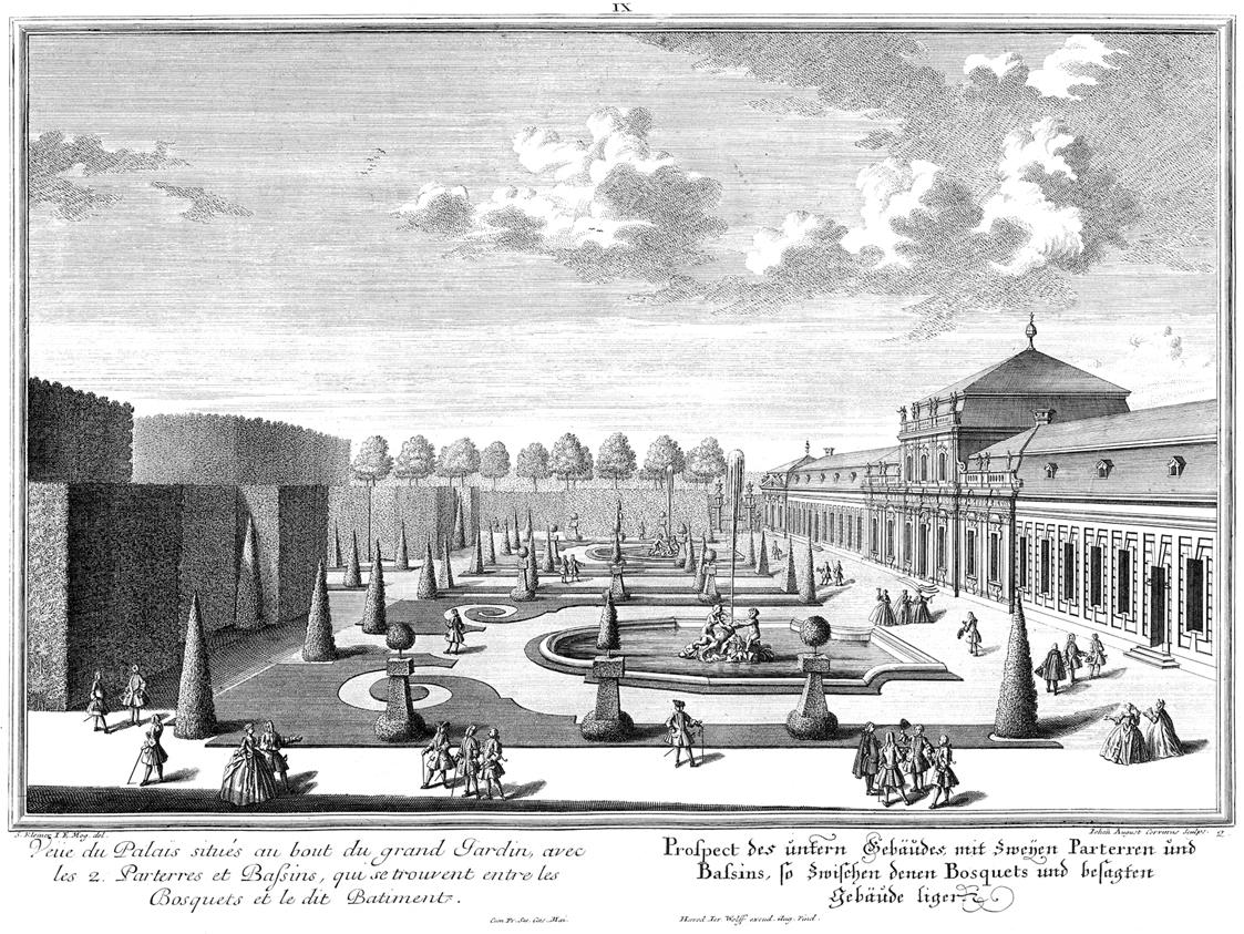 Salomon Kleiner, Prospect des untern Gebäudes, mit zweyen Parterren und Bassins, so zwischen de…