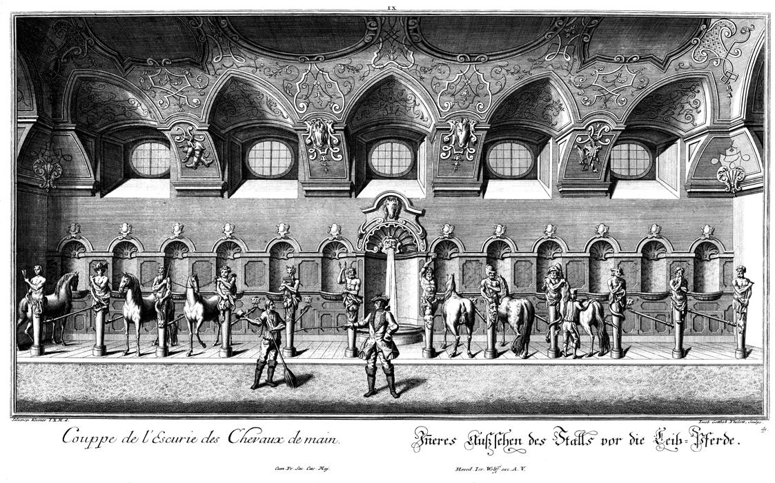 Salomon Kleiner, Inneres Außsehen des Stalls vor die Leib-Pferde, 1738, Radierung, Plattenmaße:…