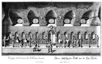Salomon Kleiner, Inneres Außsehen des Stalls vor die Leib-Pferde, 1738, Radierung, Plattenmaße:…
