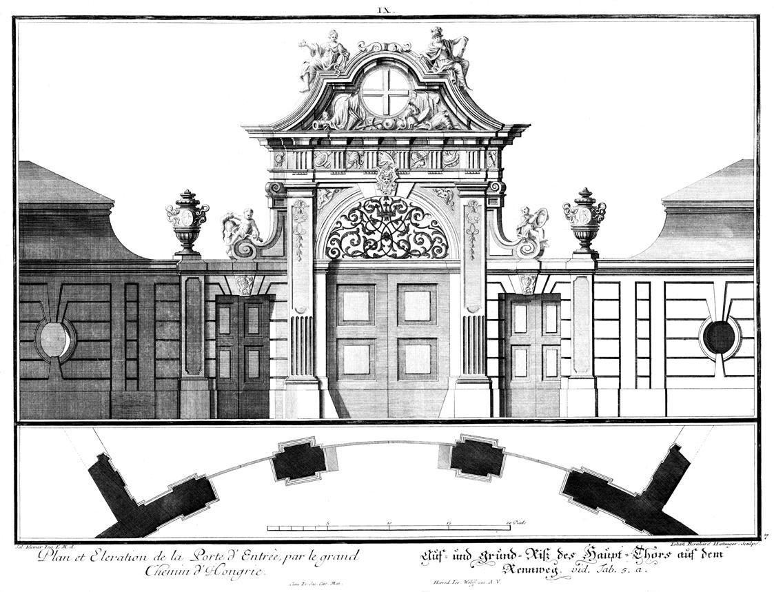Salomon Kleiner, Auf- und Grund-Riß des Haupt-Thors auf dem Rennweg, 1738, Radierung, Plattenma…