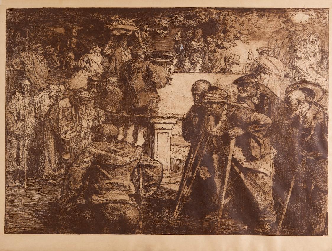 Frank Brangwyn, Ein Fest der Leidenden, vor 1909, Radierung, 55 x 74 cm, Belvedere, Wien, Inv.-…
