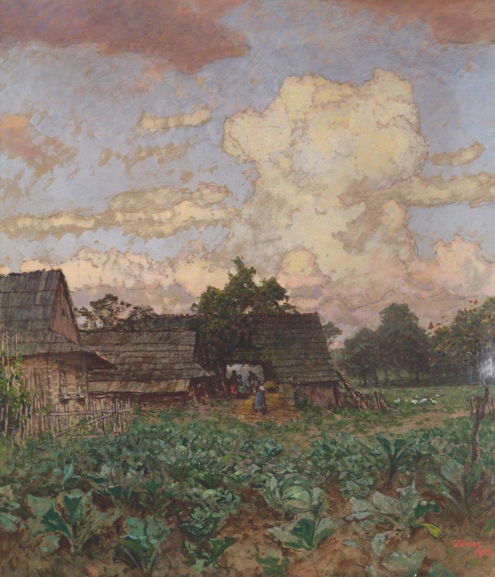 Jindřich Tomec, Bauernhof in Schlesien, 1913, Aquarell auf Papier auf Leinwand, 79,5 x 70 cm, B…