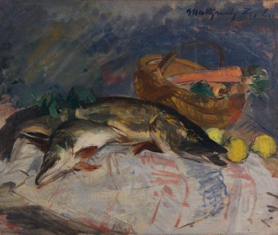 László Mattyasovszky-Zsolnay, Stillleben mit Fischen, vor 1935, Öl auf Leinwand, 53,3 x 65 cm, …