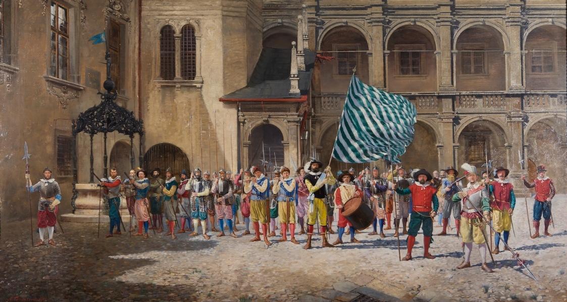 Adolf Pirsch, Landsknecht und Fähnrich, 1883, Öl auf Leinwand, 172 x 93 cm, Belvedere, Wien, In ...