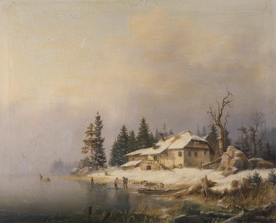 Marcus Pernhardt, Bauernhof am winterlichen See, 1850, Öl auf Leinwand, 66 x 81,5 cm, Belvedere…
