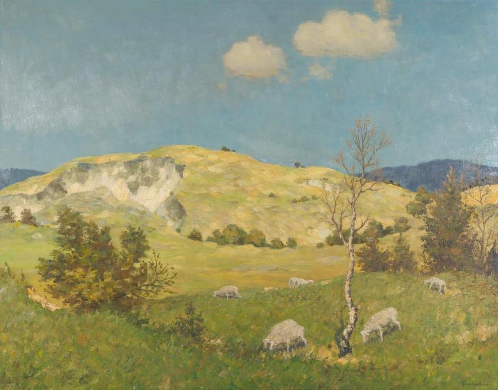 Ferdinand Grebestein, Landschaft mit Schafen, undatiert, Öl auf Leinwand, 96,5 x 123 cm, Belved…