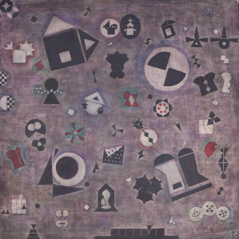 H+H Joos, Narrative Geometrismen 113, 1987, Acryl auf Leinwand, 198 × 198 cm, Belvedere, Wien, …