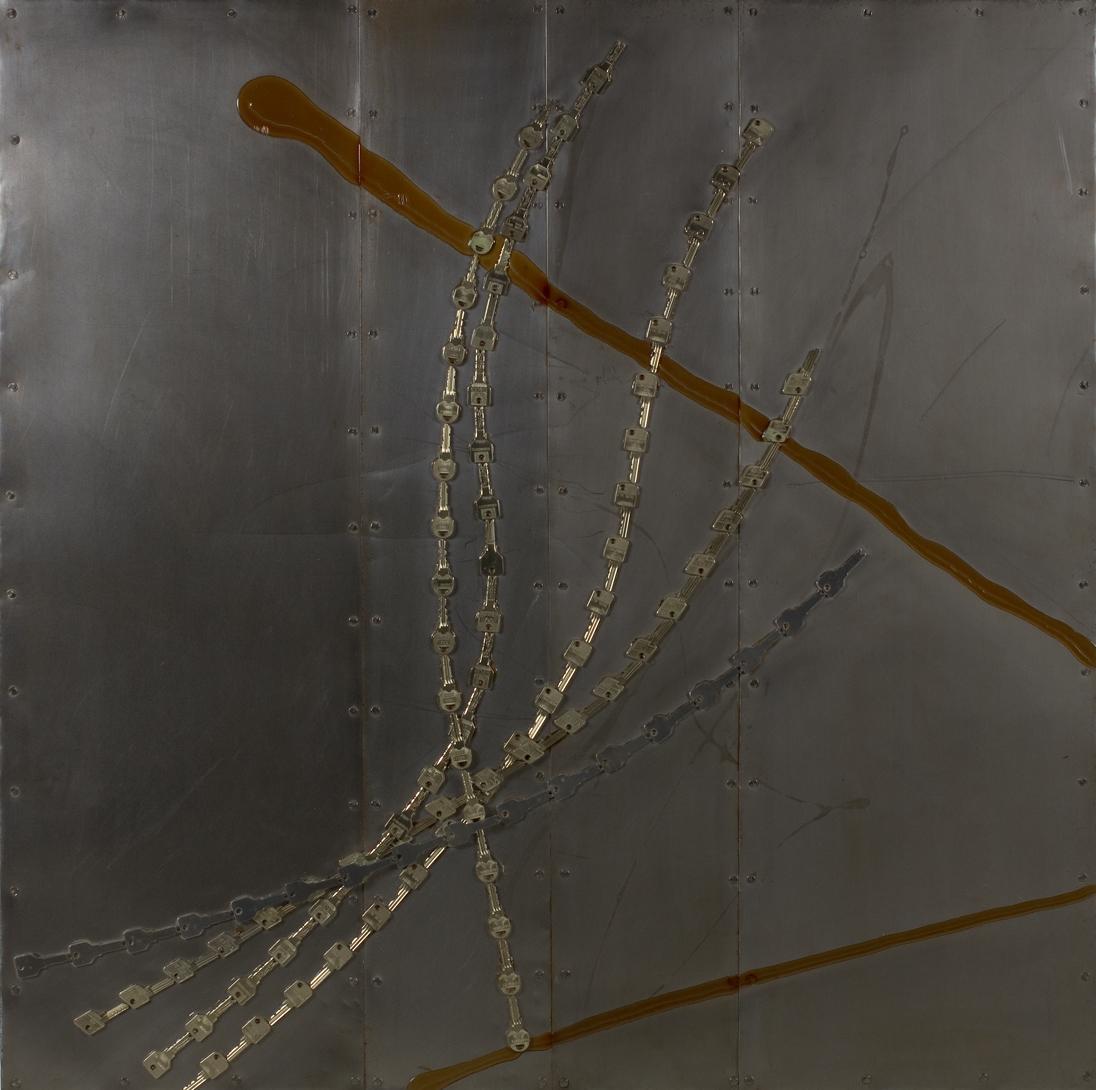 Alexander Karner, M03-09, 2009, Mischtechnik, Schlüsselakkumulation auf Metall, 128 × 128 × 2,5…