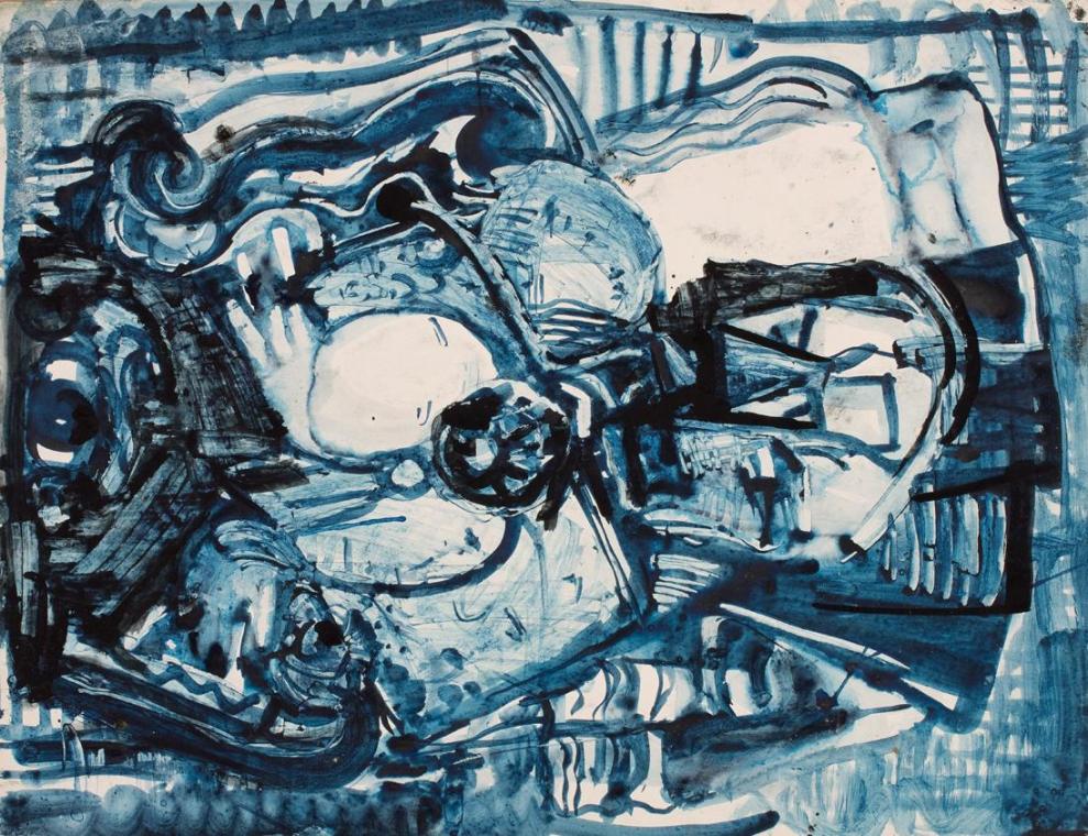 Hildegard Joos, Ohne Titel - Figur, Blaue Tusche auf Papier, 65 x 50 cm, Belvedere, Wien, Inv.-…