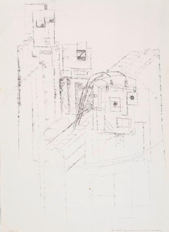 Marc Adrian, Die Stunde der geistigen Gesundheit: 1. Situation, 1974, Graphit auf Papier, 64,6 …
