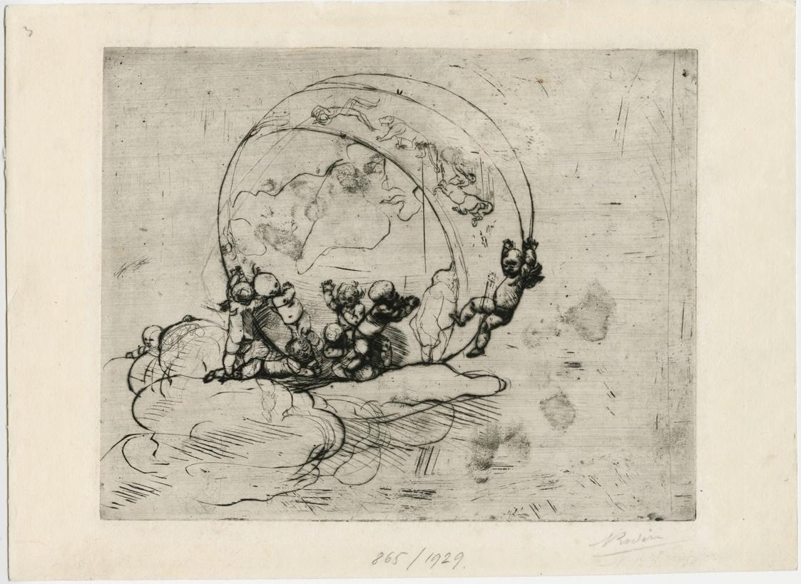 Auguste Rodin, Amouretten, die Welt lenkend, 1881, Kaltnadelradierung, 20 x 25 cm, Belvedere, W…