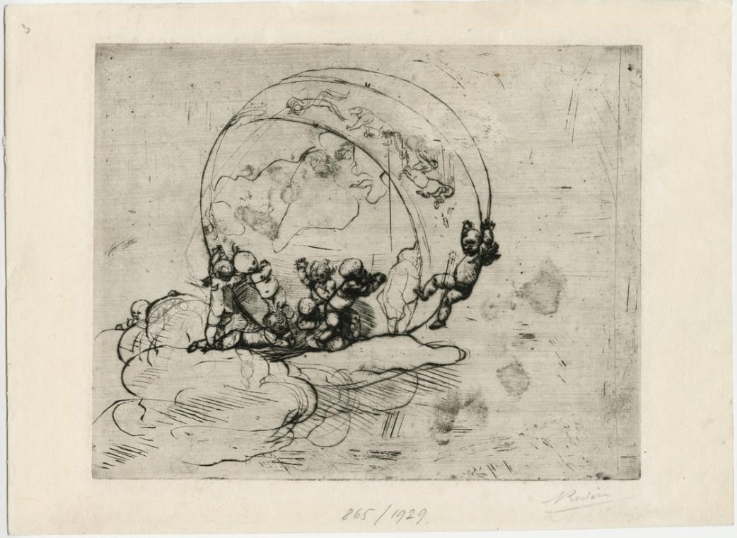 Auguste Rodin, Amouretten, die Welt lenkend, 1881, Kaltnadelradierung, 20 x 25 cm, Belvedere, W…