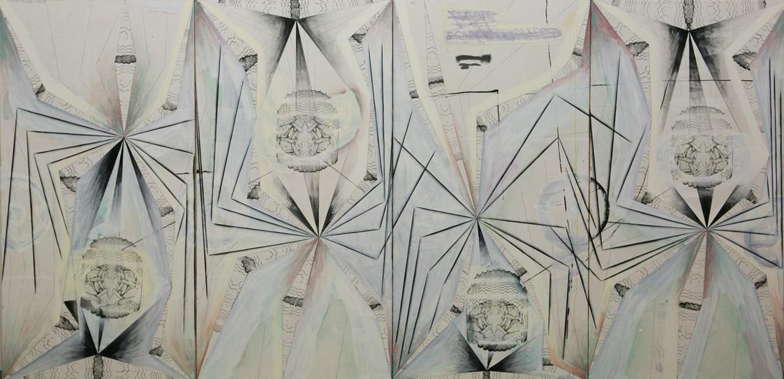 Tillman Kaiser, Harmolodisches Gebirge, 2009, Tempera, Siebdruck auf Leinwand (4-teilig), 175 x…