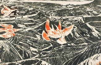 Ernestine Rotter-Peters, Über den Hügeln II, 1967, Zweifarbiger Holzschnitt auf Papier, auf Kar…