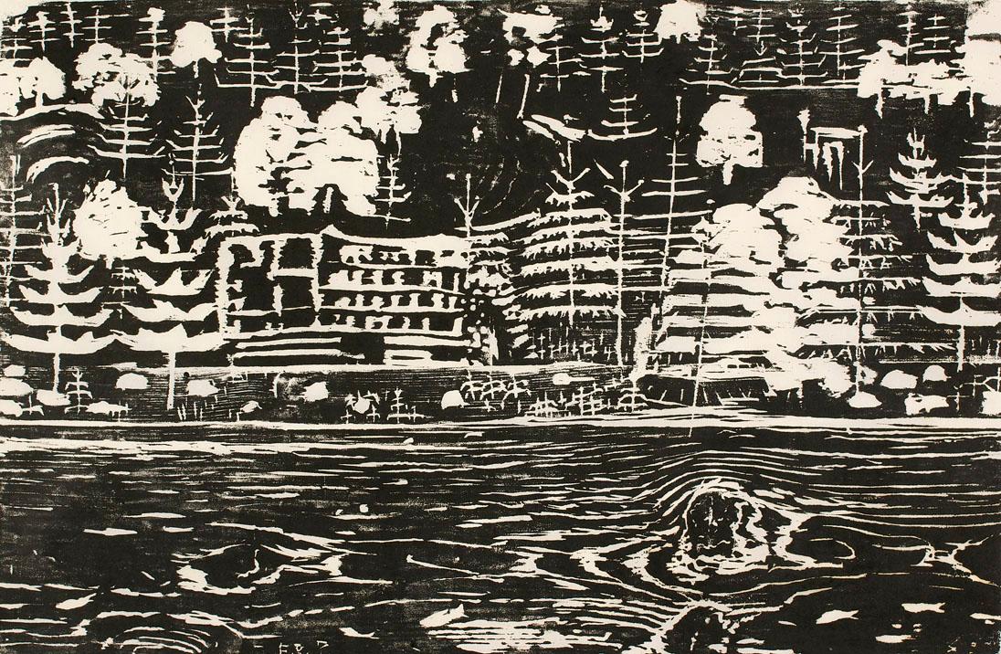 Ernestine Rotter-Peters, Bach im Jungwald, um 1950, Holzschnitt auf Japanpapier, 50 x 76,5 cm, …